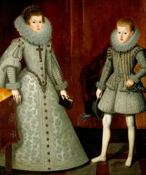 ""Porträtt av Anne av Österrike och hennes bror Philip (då Filip IV av Spanien)"" (The Infante Philip, senare kung Filip IV av Spanien (1605-1665) och hans syster Anne av Österrike (1601-1666) ) Målning av Bartolome Gonzalez y Serrano (1564-1627)