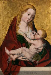 ""Jungfrun diar barnet"" (Jungfrun som diar barnet) Målning av mästaren Bartolome (aktiv 1470-1610) omkring 1490 - Olja på trä Dim 52x35 cm Museo del Prado, Madrid