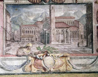 Sovrum, detalj av frisen som visar städer under Medici-styret, Pistoia, fresk 1564-75