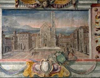 Sovrum, detalj av frisen som visar städer under Medici-styre, möjligen Lucca, fresk 1564-75