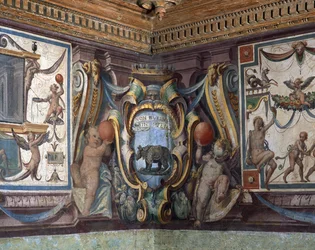 Storhertigen av Toscanas Sala del Granduca di Toscanas sal detalj av frisen som visar zodiakens tecken, noshörningen, fresk 1564-75