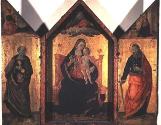 Madonna och barn med Johannes Döparen och aposteln Petrus (tempera och bladguld på panel)