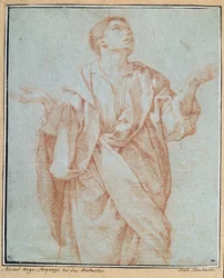 Man drapera, armarna öppna, ögonen höjda mot himlen, huvudet lutar Teckning a la sanguine av Bartolomeo Cesi (1556-1620) Dim. 0,28 x 0,23 m Paris. Louvren