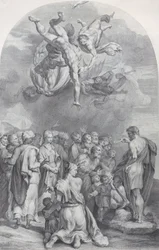 Plåt 41: Johannes Döparen predikar för en stor skara och döper barn, 1756. Skapare: Bartolomeo Crivellari, Gabriel Söderling.