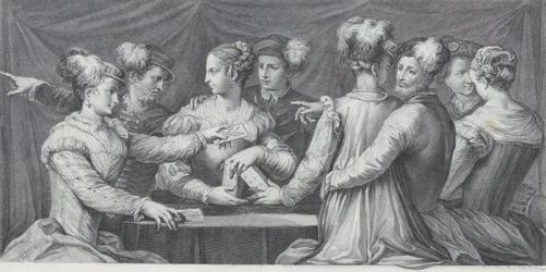 En grupp elegant klädda personer som spelar kort, 1740-68