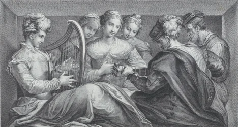 En grupp elegant klädda människor som spelar harpa och gitarr, 1740-68