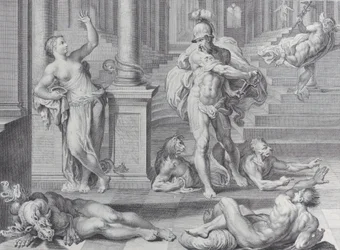 Plåt 10: Ulysses tvingade Circe att återställa sina följeslagares mänskliga former, som hon hade ..., 1756