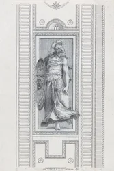 Skylt 15: mytologisk figur som bär en hjälm och håller en sköld, 1756