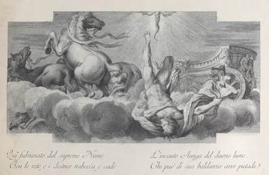 Plåt 34: Auriga, vagnföraren, faller från vagnen i mitten, med tre hästar vid l..., 1756