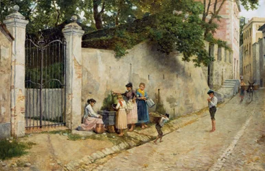Vid fontänen, av Bartolomeo Giuliano (1825-1909), olja på duk, 64,5x100 cm