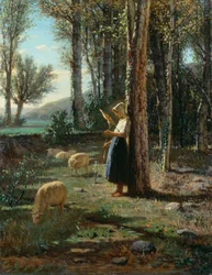Herdinna med fårflock, av Bartolomeo Giuliano (1825-1909), olja på duk, 35x27 cm