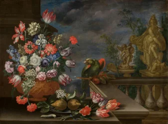 Stilleben med en blomstervas, citrusfrukter, papegoja och fontänskulptur