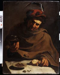 Frukost (frukost). Målning av Bartolomeo Manfredi (1587-1622). Olja på duk. Italiensk konst, barockstil. Statens konstmuseum, Charkiv eller Kharkov, Ukraina.