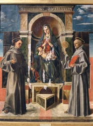 Madonna och barn tronade mellan Saint Francis och Saint Bernardino av Siena, ca 1490