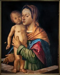 Madonna med Jesusbarnet stående på en balustrad från 1500-talet (olja på panel)