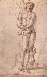 Sankt Sebastian, ca 1475, teckning av Bartolomeo Montagna (ca 1450-1523), penna och brunt bläck, med brun lavering, cm 20x15, Italien