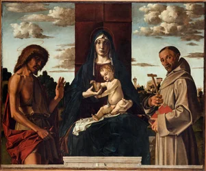Jungfru och barn med de heliga Franciskus och Johannes Döparen par Montagna, Bartolomeo (1449-1523). Olja på trä, storlek: 148x180, ca 1485, Fondazione Cini, Venezia