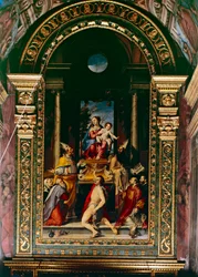 Madonna and Child Enthroned with Saint Anthony (olja på panel)