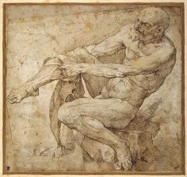 Naken man drar på sin slang, efter Marcantonio Raimondi och Michelangelo Buonarroti (penna & brunt bläck på papper)