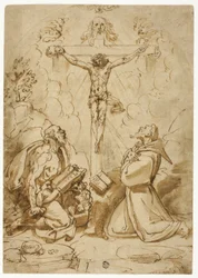 De heliga Hieronymus och Franciskus av Assisi som tillber treenigheten