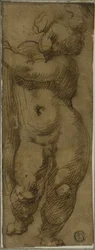 Stående Putto sett framifrån: Studera för jungfrun i ära med de heliga Petronius, Dominic och Peter Martyr