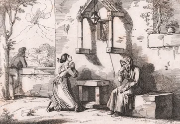 En dotter som ber till Madonnan för sin sjuka mor, etsning av Bartolomeo Pinelli (Rom)