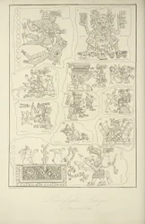 Aztekiska hieroglyfer från Veletris manuskript, illustration från "Views of the Cordilleras and Monuments of the Native Peoples of America" ​​av Alexander von Humboldt och Aime Bonpland