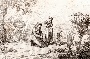 Ciociara kvinna ber framför korset där hennes man dödades, etsning av Bartolomeo Pinelli (Rom