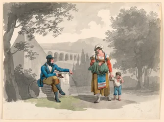 Teckning, En kvinna som håller en pojke i handen passerar en gentleman som sitter bland ruiner i Campagna, 1807