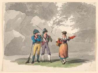 Teckning, En kvinna och två män med gevär. Dräkter från kungariket Neapel, 1807-08