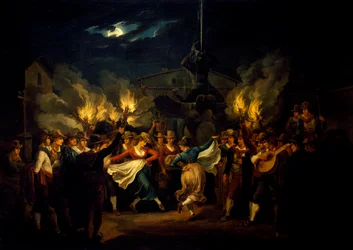 Nattdans på Piazza Barberini efter skörd, av Bartolomeo Pinelli (1781-1835), Italien