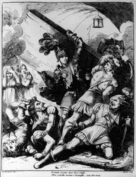 Orlando kastar träbräda mot tjugo beväpnade män, illustration av Bartolomeo Pinelli (1781-1835) för XIII canto of Orlando Furioso av Ludovico Ariosto (1474-1533)