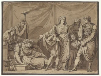 Drottning Tranquilla visas sin make Tarquinius döda kropp, illustration till Charles Rollins romerska historia