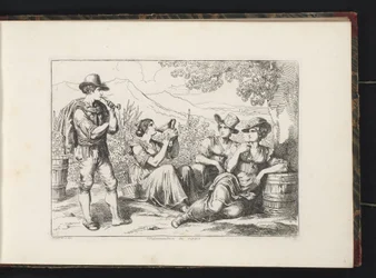Vilande vindrickare Vendemiatrici in riposo (titel på objekt) Kostymtryck med figurer från Rom med omnejd (serietitel) Nuova raccolta di cinquanta costumi de contorni di Roma (serietitel)