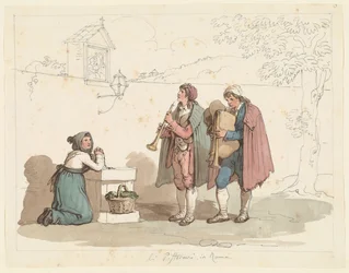 Säckpipespelaren och pipblåsaren i Rom, illustration till Romerska dräkter och seder