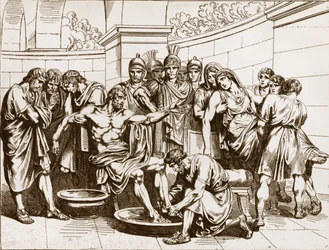 Den romerske filosofen Seneca (Lucius Annaeus Seneca, 4 f.Kr.-65 e.Kr.), anklagad för deltagande i en sammansvärjning mot kejsar Nero, beordrades att begå självmord - gravyr av Bartolomeo Pinelli - Senecas död, gravyr av Bartolomeo Pinelli (1781-1835).