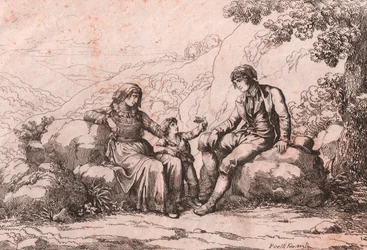 Två gemene man med en baby, Schiavi, Abruzzo, etsning av Bartolomeo Pinelli (Rom
