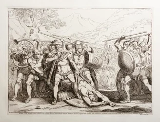 Valerius Corvus har dödat en gallisk soldat av jättelik växt i en duell; medan han är på väg att klä av honom, rusar gallerna, oförmögna att behärska sig, fram för att hämnas honom, men besegras fullständigt av romarna