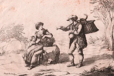Kvinna från Pietra Terrazzana i traditionella dräkter, Abruzzo och Gioncataro (säljare av caciotteost), etsning av Bartolomeo Pinelli (Rom)