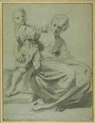 Mor och barn (svart krita med brun tvätt på carta azzurra)