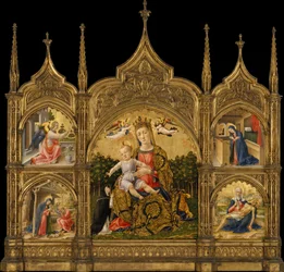 Ödmjukhetens madonna, bebådelsen, födseln och Pietà, ca 1465 (tempera och guld på trä)