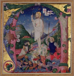 Historikerad initial A som visar Kristi uppståndelse, Lombardiets skola