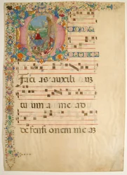 Manuskriptblad med inträde i Jerusalem på palmsöndagen i ett initialt D..., 1400-1500-talet.