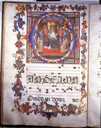 Ms. 557, fol. 35v, sida med en illumination som föreställer Aegidius (Sankt Giles) (död omkring 700) på tronen och omgiven av änglar, ur ”Messale di Sant