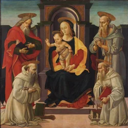 Madonna med barnet tronande med Johannes evangelisten och Hieronymus samt två benediktinska helgon