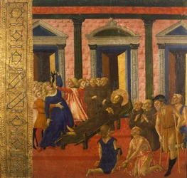 San Bernardino exorcierar en besatt kvinna, av Neroccio di Bartolomeo (1447-1500), målning, Palazzo Pubblico (Offentliga palatset), Siena, Italien.