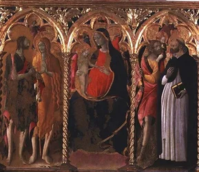 Triptyk: Madonna och barn (mittpanel) med Johannes Döparen, Maria Magdalena, Sankt Kristofer och Sankt Dominikus (tempera på panel)