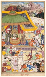 Den unge kejsaren Akbar griper den oförskämde shahen Abul-Maali, sida ur ett manuskript till Akbarnama, ca 1590-95 (täckande akvarell och guld på papper)