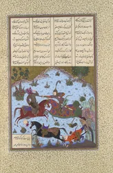 Gustaham Slays Lahhak and Farshidvard, Folio 349v från Shahnama Book of..., ca.1525-30.