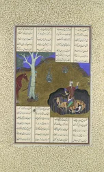 Rustam hämnar sin egen förestående död, Folio 472r från Shahnama..., ca. 1525-30.